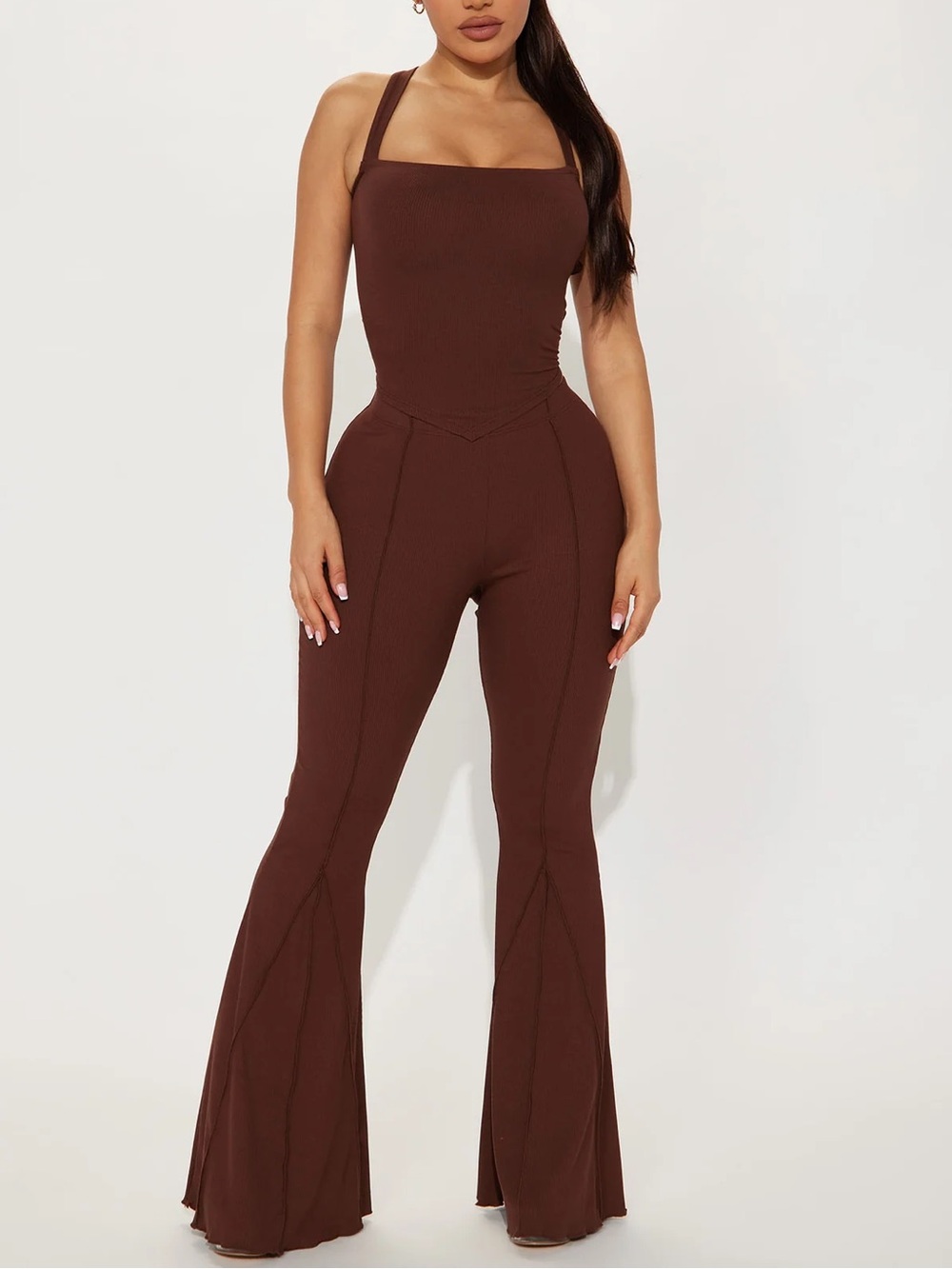 NWOT Fashion Nova Chocolate Ribbed Tie-Up Top & Flare Pants Two-Piece Set